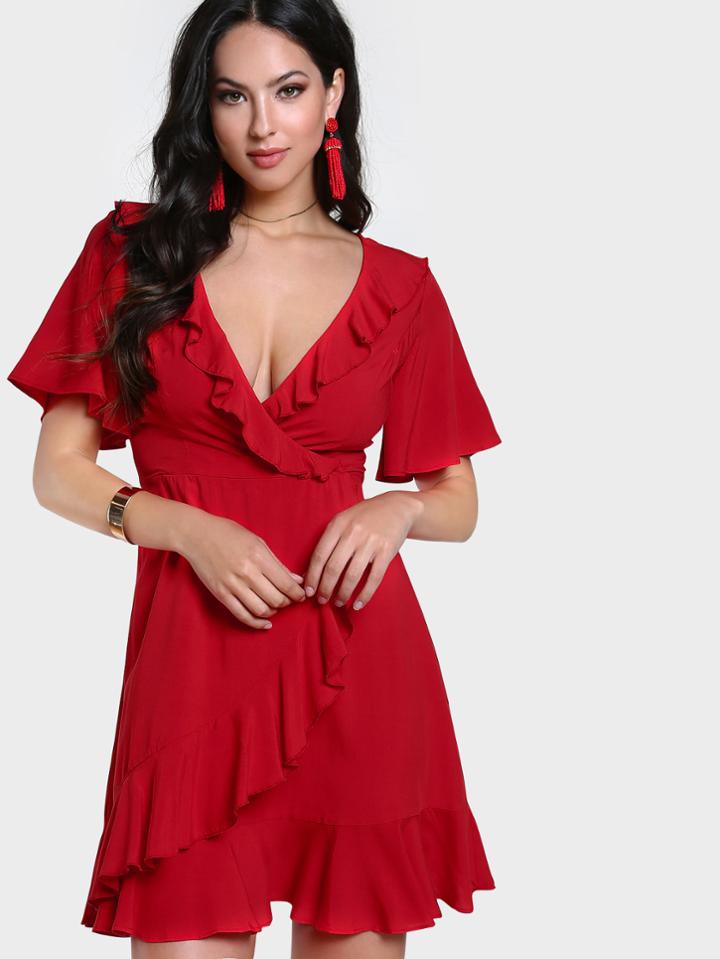 Shein Frill Trim Ruffle Sleeve Surplice Wrap Dress