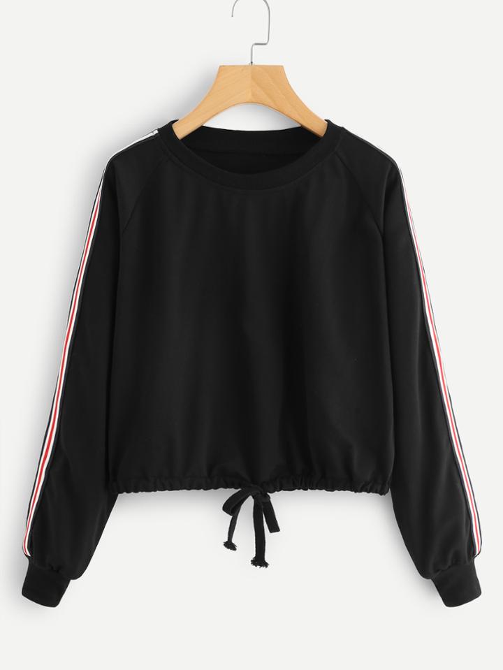 Shein Drawstring Hem Stripe Contrast Sleeve Sweatshirt