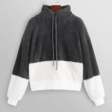 Shein Color-block Drawstring Teddy Sweatshirt