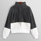 Shein Color-block Drawstring Teddy Sweatshirt