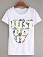 Shein Letter & Flower Print White T-shirt