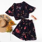 Shein Flutter Sleeve Twist Front Top And Wide Waist Shorts Set