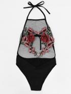 Shein Flower Applique Mesh Paneled Swimsuit