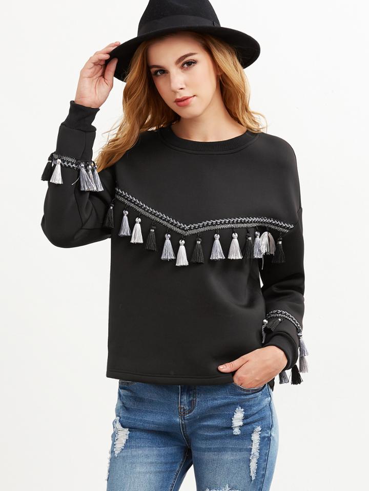 Shein Black Embroidered Tape And Tassel Embellished Sweatshirt
