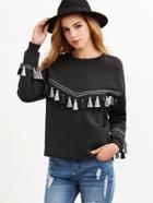 Shein Black Embroidered Tape And Tassel Embellished Sweatshirt
