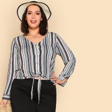 Shein Plus V Neck Button Up Striped Blouse