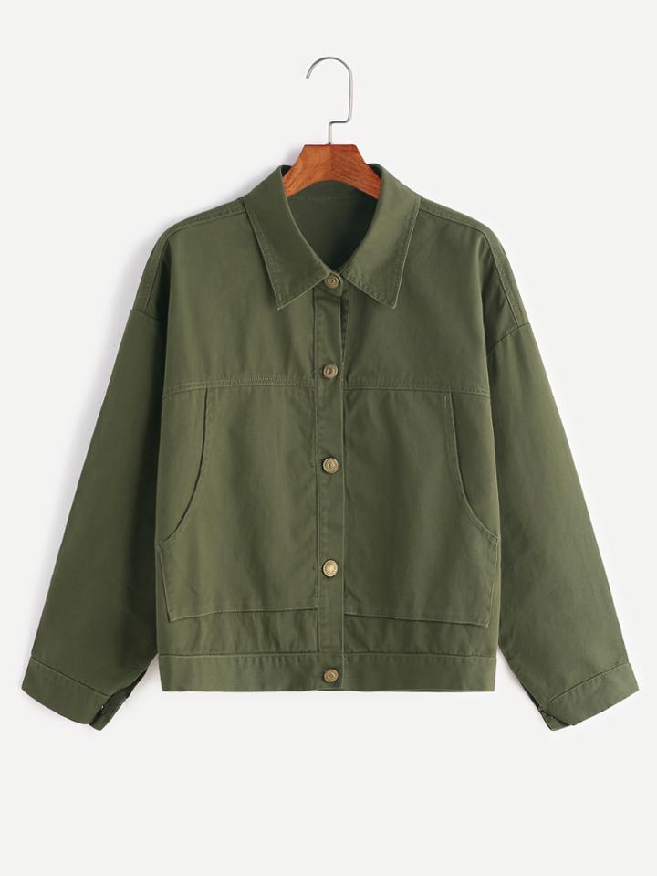 Shein Army Green Button Front Jacket With Pockets