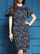 Shein Navy Bell Sleeve Floral Pleated Sheath Dress