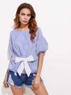 Shein Drop Shoulder Puff Sleeve Contrast Bow Front Blouse