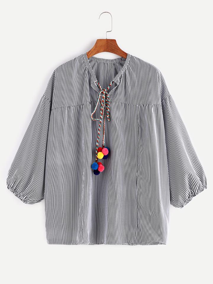 Shein Pinstripes Tie Neck Pom Pom Trim Blouse