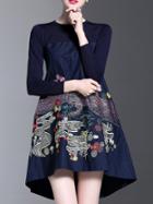 Shein Navy Contrast Knit Embroidered High Low Dress