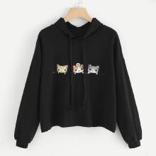 Shein Cats Print Drawstring Hoodie