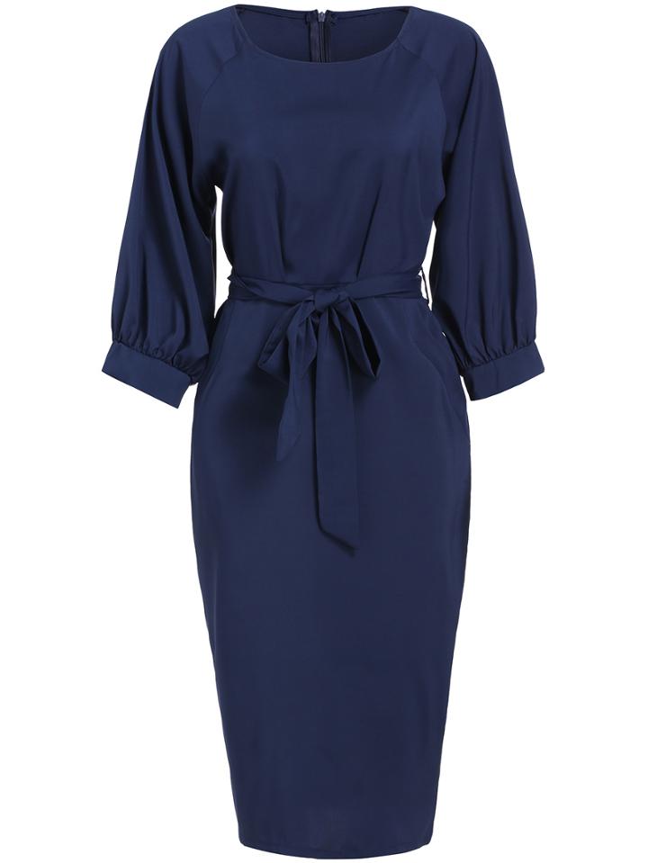 Shein Navy Lantern Sleeve Tie-waist Dress