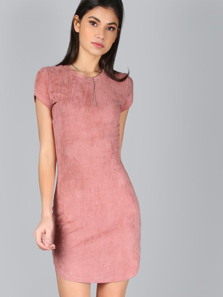 Shein Curved Hem Form Fitting Suede Dress