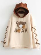 Shein Bear Print Lace Up Contrast Hoodie