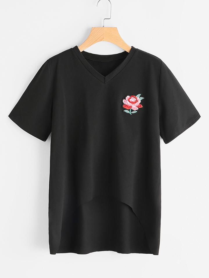 Shein Rose Patch Dip Hem Tee