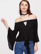 Shein Bardot Bell Sleeve Cut Out Knot Front Crop Top
