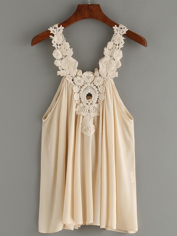 Shein Contrast Lace Crochet Pleated Top
