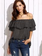 Shein Black Off The Shoulder Polka Dot Print Ruffle Blouse