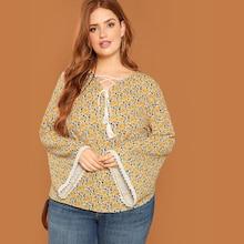 Shein Lace Up V-neck Bell Sleeve Top