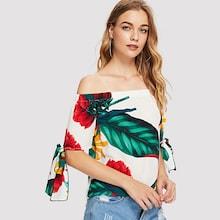 Shein Off Shoulder Knot Sleeve Floral Top