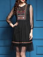 Shein Black Sheer Tribal Embroidered Pleated Dress