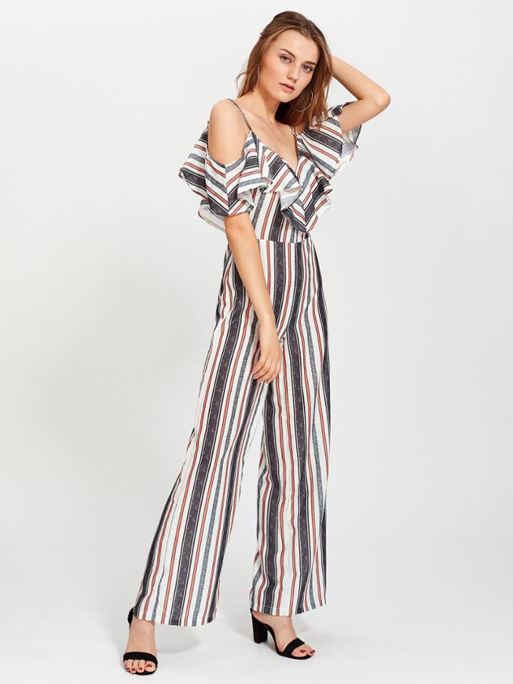 Shein Frill Trim Vertical Striped Wide Leg Jumpsuit