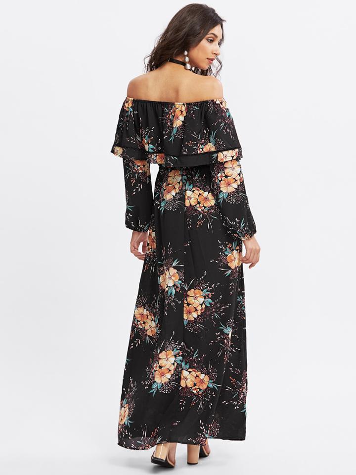 Shein Lantern Sleeve Layered Flounce Bardot Dress