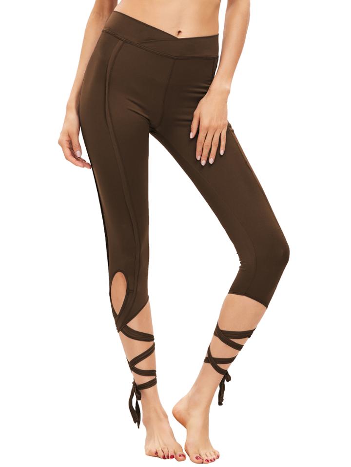 Shein Brown Hollow Tie Skinny Leggings
