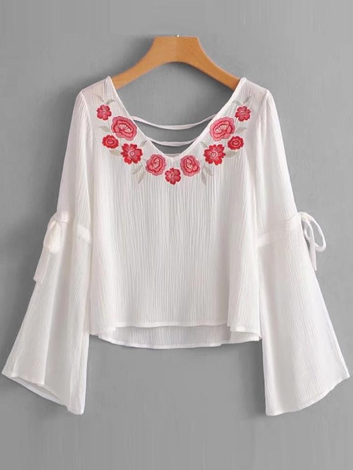 Shein Ladder Cutout Back Embroidery Blouse