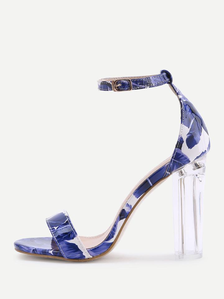 Shein Blue Leaf Print Two Part Heeled Sandals