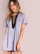 Shein Purple Contrast Lace Up V Neck Tee Dress