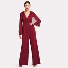 Shein Slit Sleeve Plunging Solid Jumpsuit