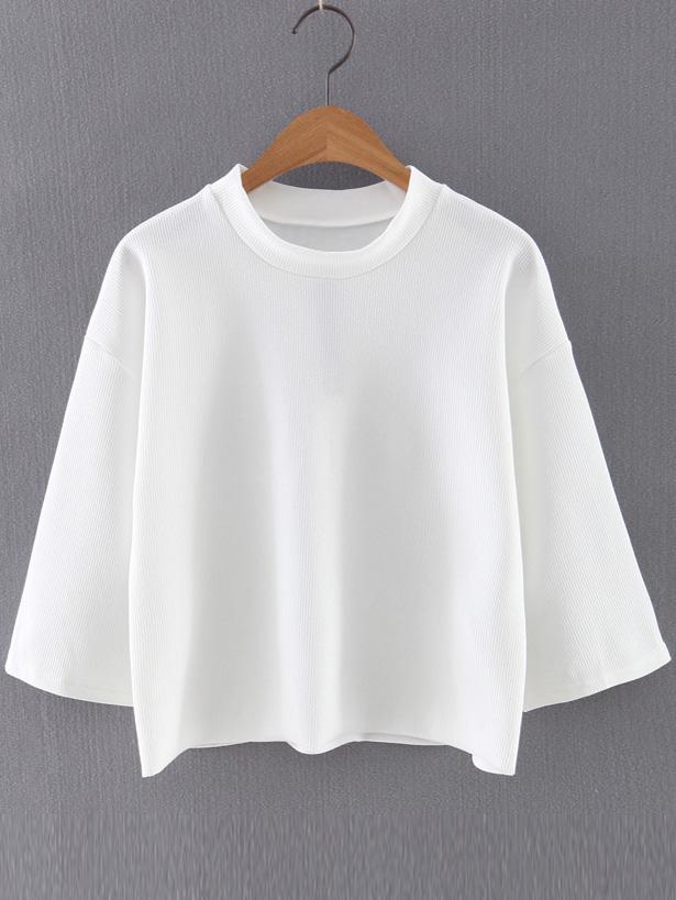 Shein White Round Neck Half Sleeve Ribbed Blouse