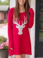 Shein Red Round Neck Deer Print Tee Dress