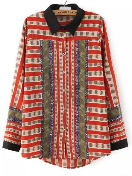Shein Colour Long Sleeve Chain Print Blouse