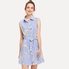 Shein Self Tie Waist Striped Floral Dress