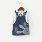 Shein Girls Ringer Blouse With Cartoon Print Denim Overall Dress