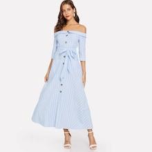 Shein Foldover Off Shoulder Button Up Pinstripe Dress
