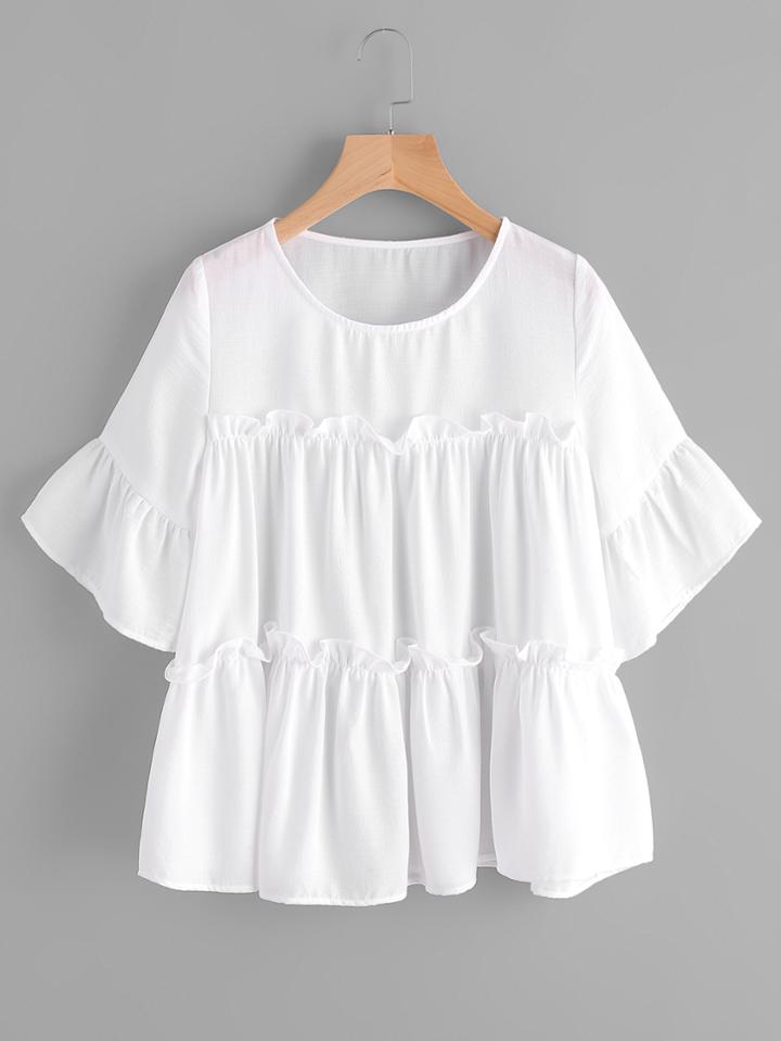 Shein Flounce Trim Bell Shoulder Tiered Blouse