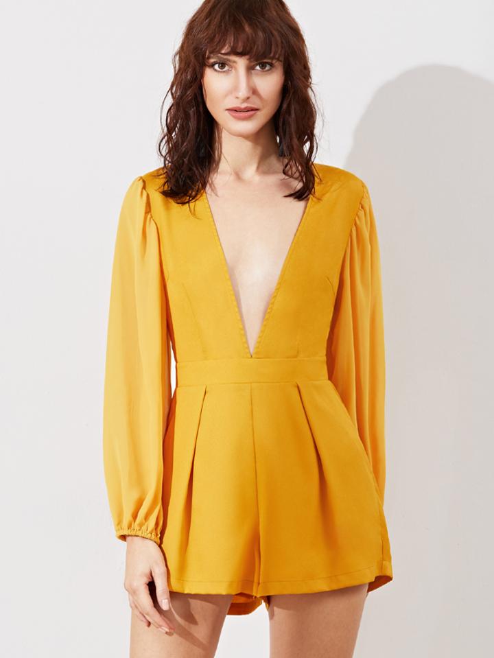 Shein Yellow Deep V Neck Lantern Sleeve Pleated Romper