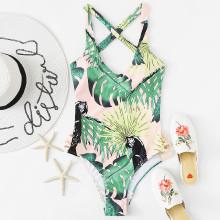 Shein Palm Print Cross Back Swimsuit