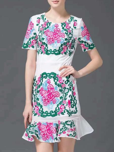 Shein White Embroidered Sheath Frill Dress