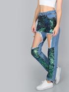 Shein Blue Cut Out Frayed Sequin Front Pants