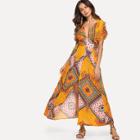 Shein Patchwork Print Wide Waistband Button Up Dress