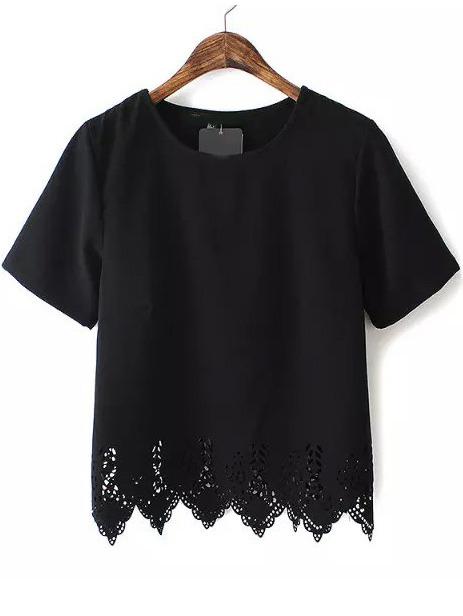 Shein Black Short Sleeve Lace Hem Chiffon Blouse