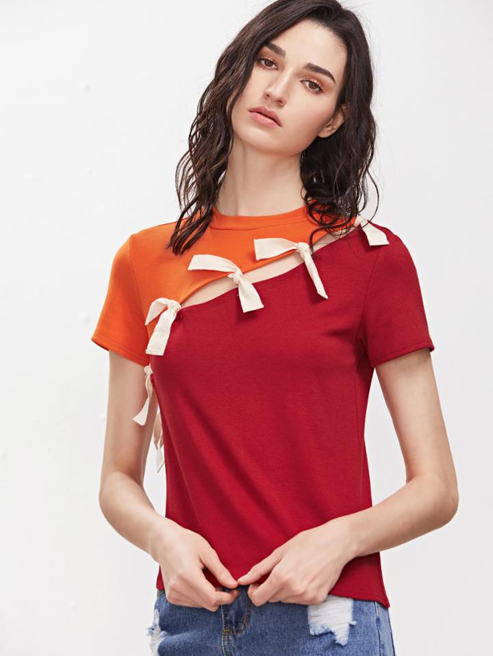 Shein Contrast Split Knotted Detail T-shirt