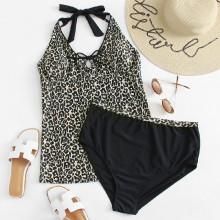 Shein Plus Halter Neck Leopard Print Tankini Set