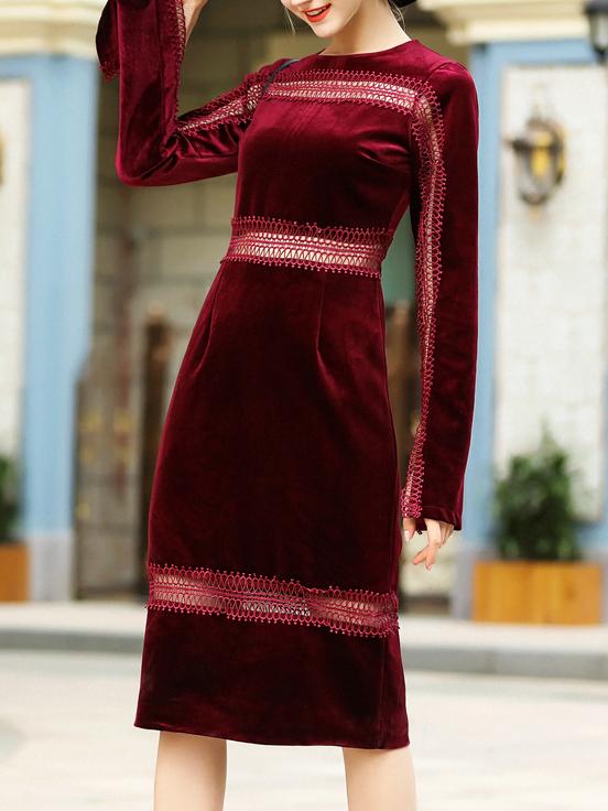 Shein Burgundy Mesh Velvet Sheath Dress