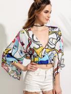 Shein White Painting Print Surplice Front Drop Shoulder Blouse